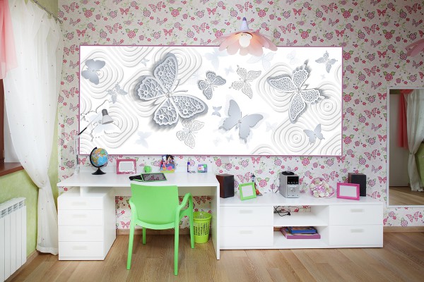 Photo wallpaper with butterflies in the interior of a teenage girl's room