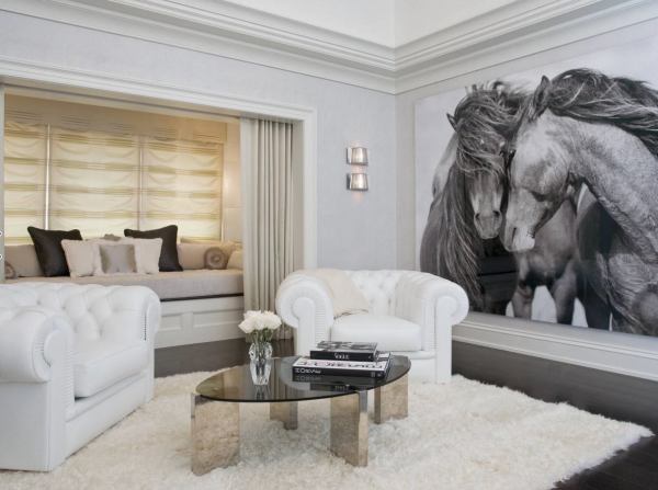 Wall mural with black and white image of horses in the classic interior of the living room