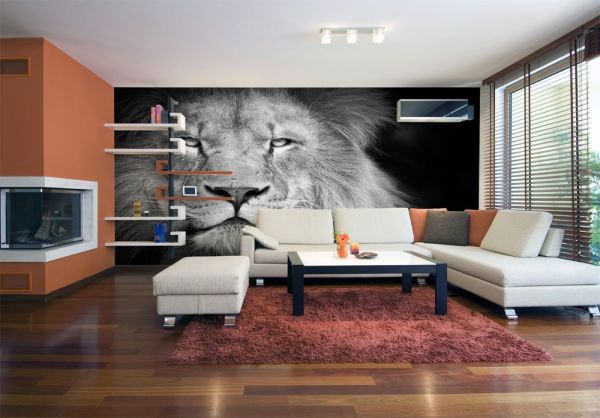 Wall mural with black and white image of a lion in black and white, with orange accents, interior