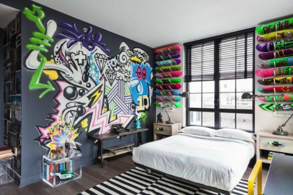 Wall mural with graffiti in the interior of a youth bedroom