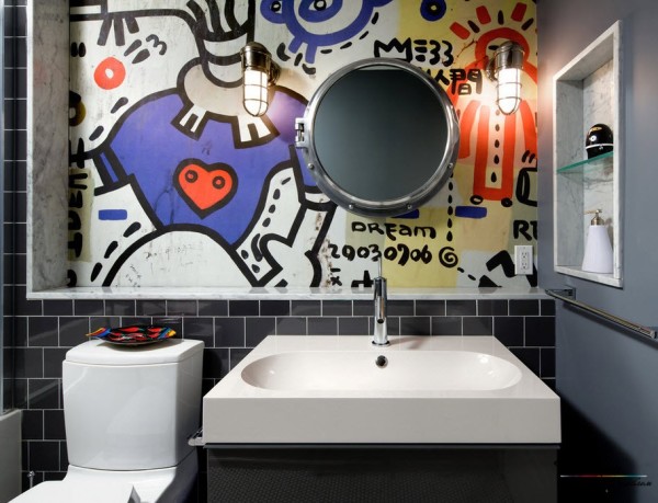 Wall mural with graffiti in the interior of the bathroom