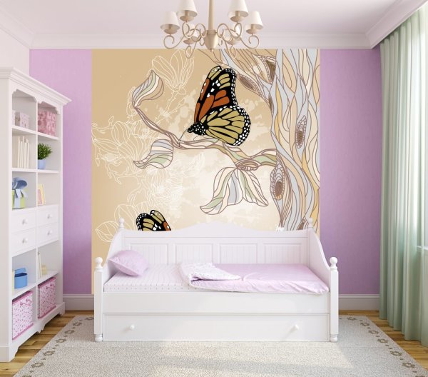 Photo wallpaper with painted butterflies, in the interior of a children's bedroom