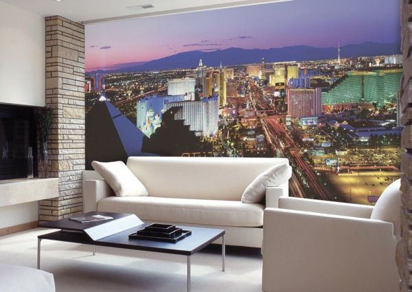 Wall mural with panoramic views of the night city, in the interior of the living room