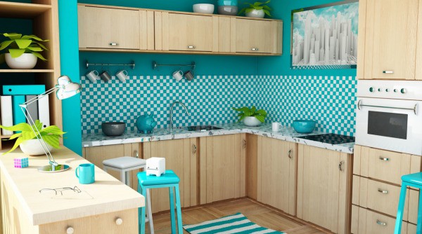 Blue wallpaper for a bright kitchen