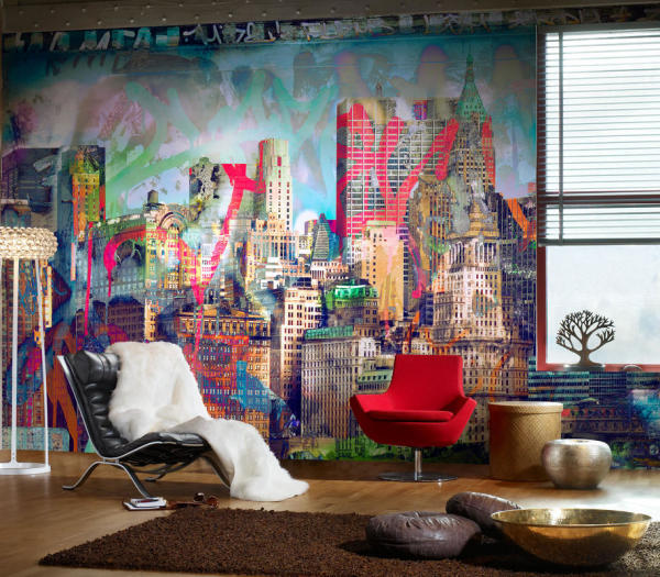 In the photo, wall murals with a view of the city, made in the form of graffiti