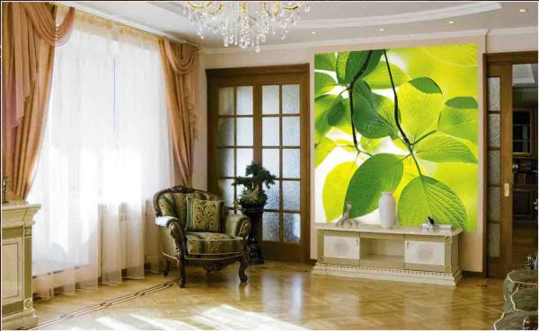 In the photo, murals with bright spring colors in the interior of the living room