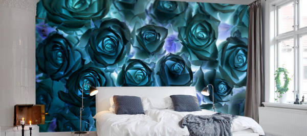 Unusual photo wallpaper with roses, in the interior of a modern bedroom