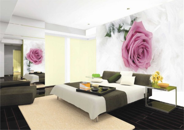 The most delicate rose on the photo wallpaper, in the interior of the bedroom