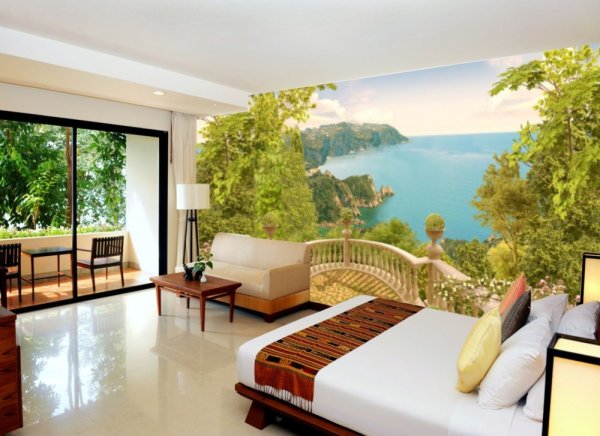 Panoramic murals with stunning views from the balcony, in the interior of the bedroom