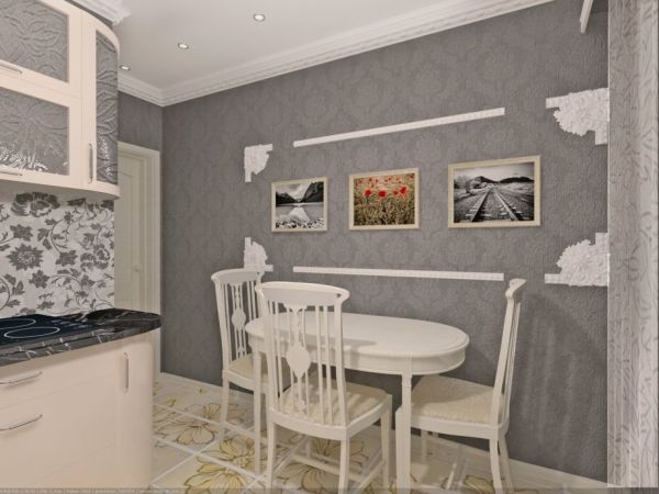 Gray wallpaper and white furniture in the interior of the kitchen