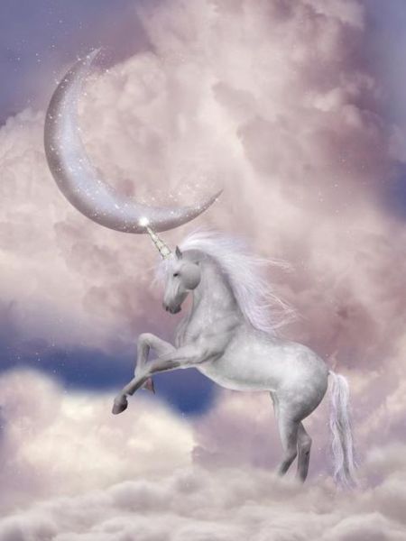 Fairytale unicorn on a background of clouds and a young month