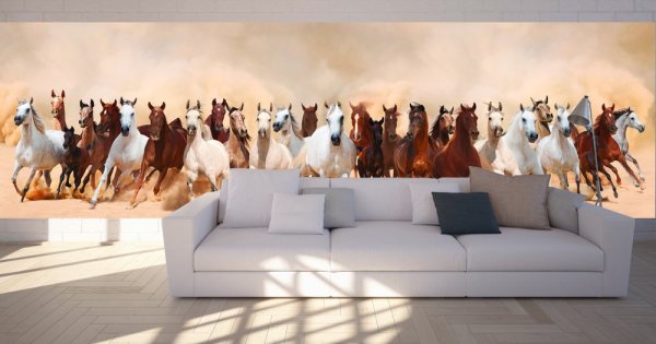 Herd of horses on the mural in the living room