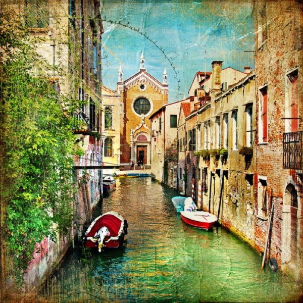 Texture mural depicting a Venetian street in antique style