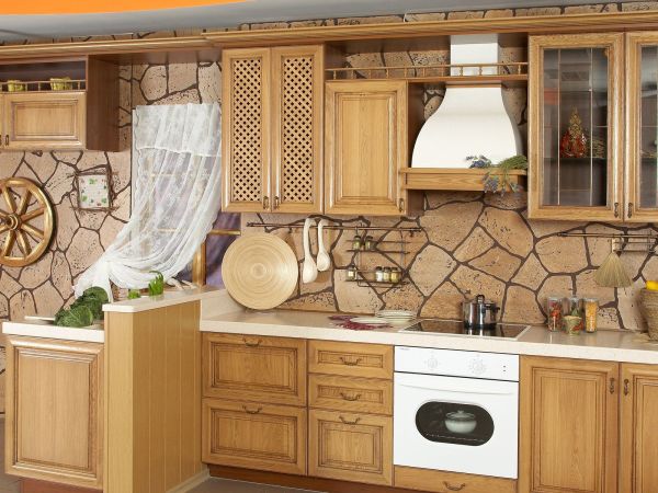 Masonry textured wallpaper in the interior of the kitchen