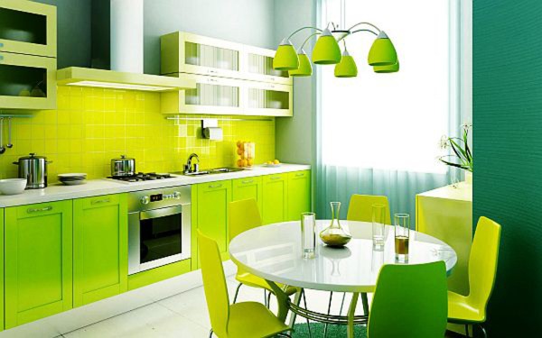 Green wallpapers combined with bright green furniture in the kitchen