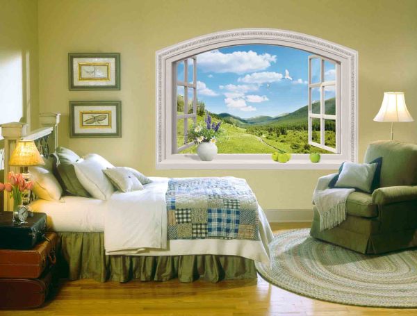  Wall mural with a view of a mountain landscape from the window, in a rustic bedroom interior