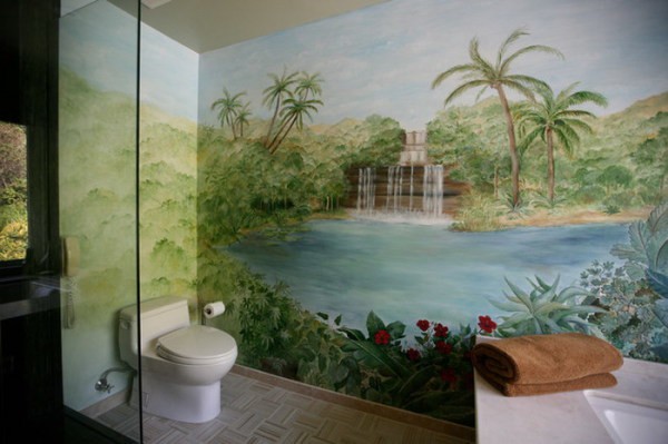 Watercolor image in the interior photo wallpaper with greenery and a waterfall