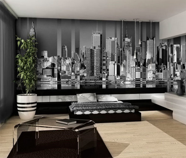 Black and white photo mural New York in the interior of a modern bedroom