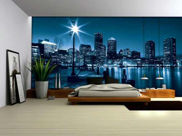 Fluorescent murals in the interior of a modern bedroom, can replace night lighting and create a romantic atmosphere in the room