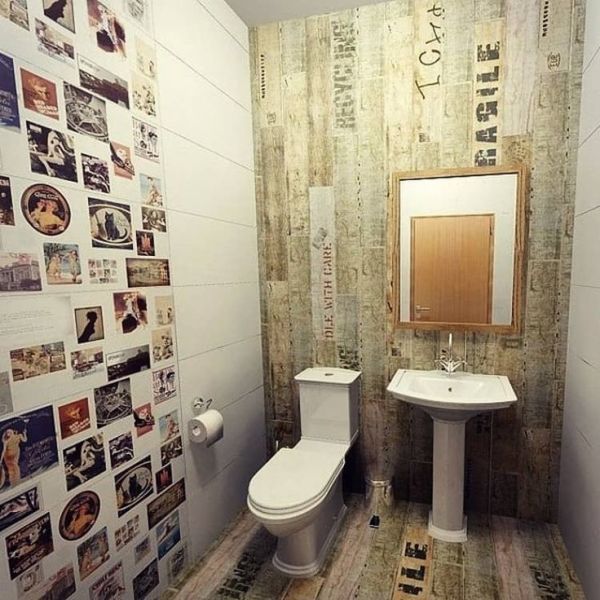 Background wallpaper with the image of old wooden boards in the interior of the toilet