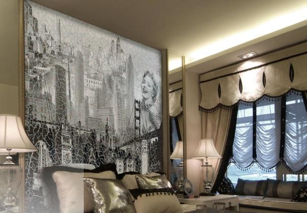 Wall mural fresco with a spectacular black and white image in the bedroom interior