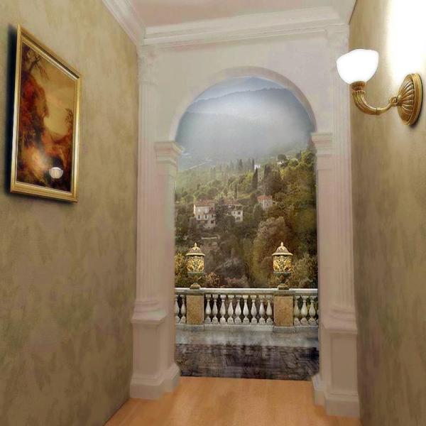 Wall mural fresco depicting a view from a balcony of a mountain town, will decorate an empty corridor