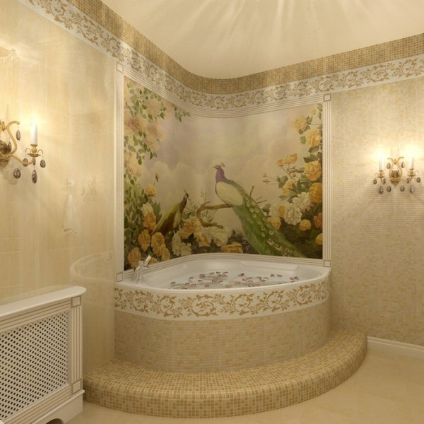 Wall mural fresco with a natural plot in a noble interior of a bathroom