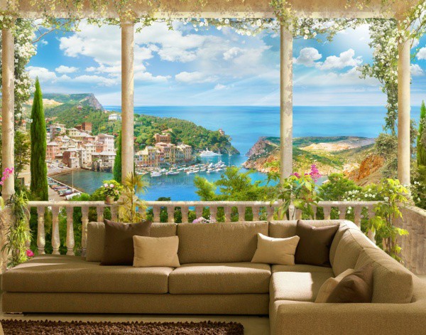 Wall mural mural depicting a colorful view from the terrace in the living room interior