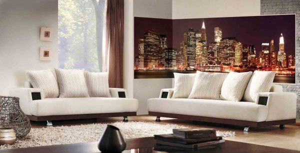 Wall mural night city in a modern living room interior