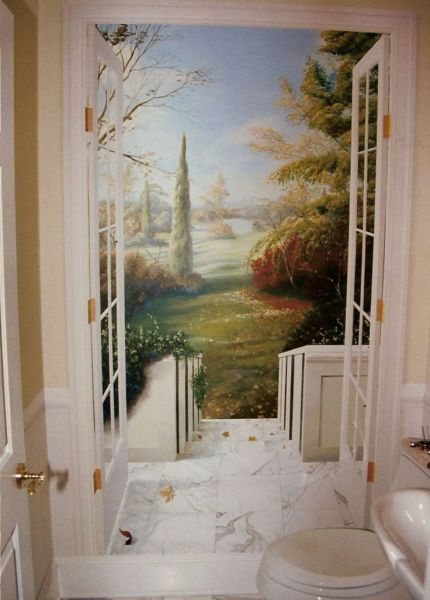 Wall mural with the image of access to the terrace and the autumn garden, in the interior of the toilet