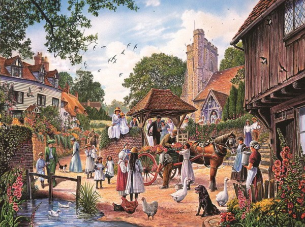 Wall mural depicting life in an old English village