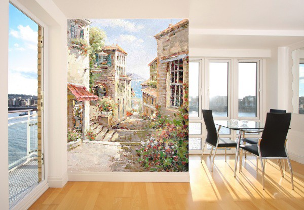 Murals on the wall with pictures of old cities can add a graceful nobility to the modern interior of any room