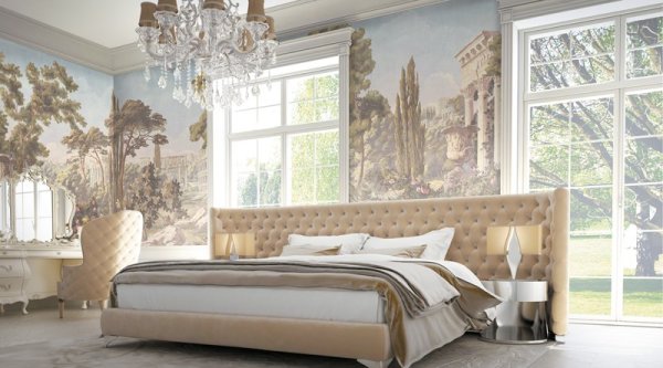 Frescoes with antique plots on all walls in the bedroom interior