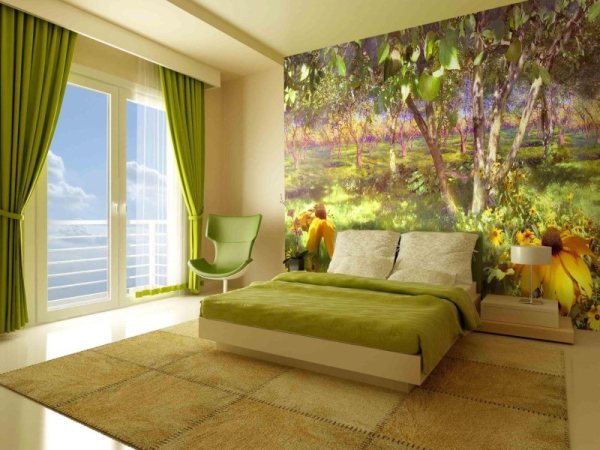 On the photo, wall murals over the bed in the bedroom with the image of a colorful and bright garden, in the interior of the bedroom