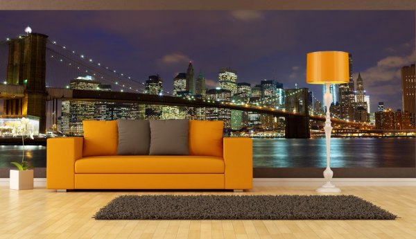 Pictured, new york mural in the living room interior