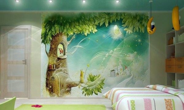 In the photo, murals depicting a fairy tale world in the interior of a children's room