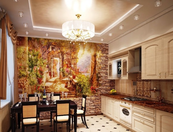 In the photo, texture mural fresco depicting the streets of the old city, in the interior of the kitchen