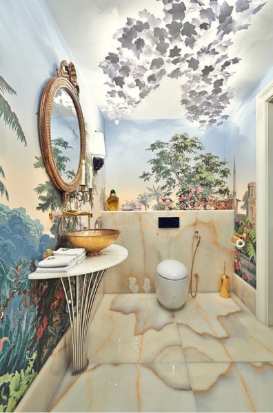 Unusual toilet interior with photo wallpaper