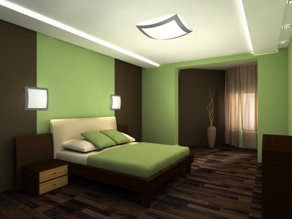 The combination of the colors of green wallpaper and brown curtains