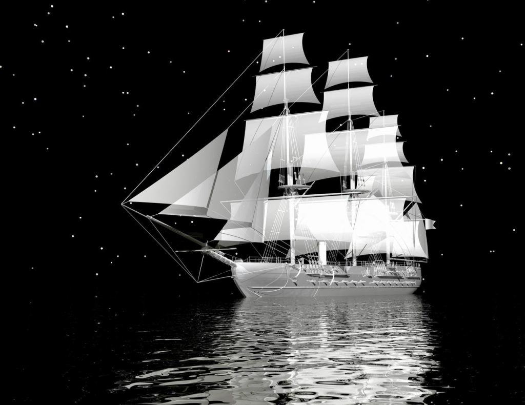 Black and white photo wallpaper with a luminous image of a ship in the night sea