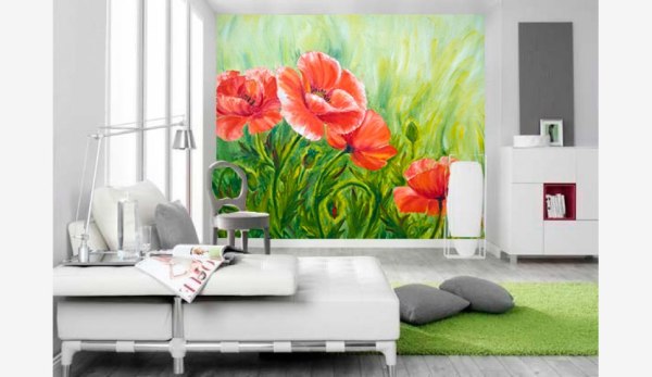 Wall mural poppies in the bedroom, will add a bright zest to the modern interior