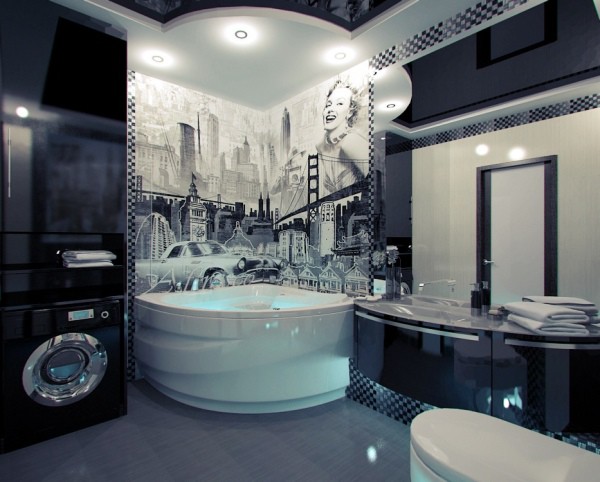 Wall mural with black and white urban image in the interior of a modern bathroom