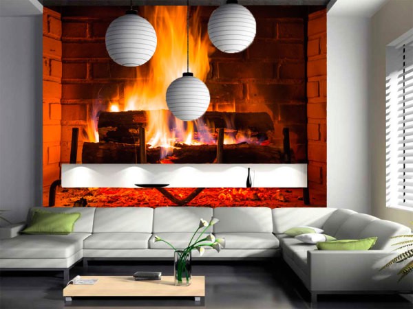 Wall mural with the image of a burning fire in the fireplace in the interior of a modern living room