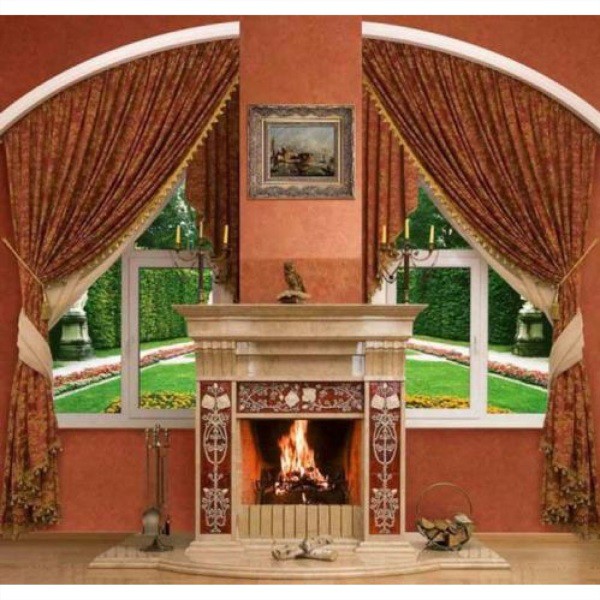 Wall mural with the image of the fireplace located between the windows