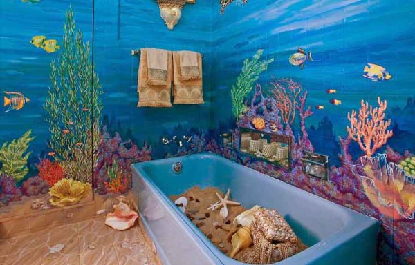 Wall mural with the image of the seabed and its inhabitants in the sea bathroom