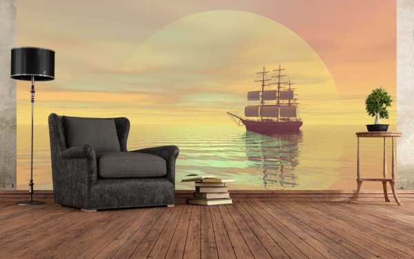 Wall mural with the image of a sailboat on a sunset background, in a marine interior