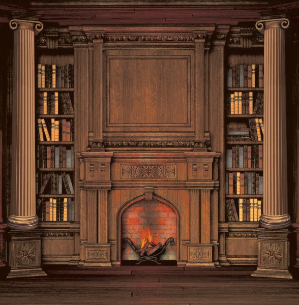 In the photo, mural with a fireplace