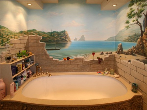 Texture wallpaper with a picture of the sea landscape in the interior of the bathroom