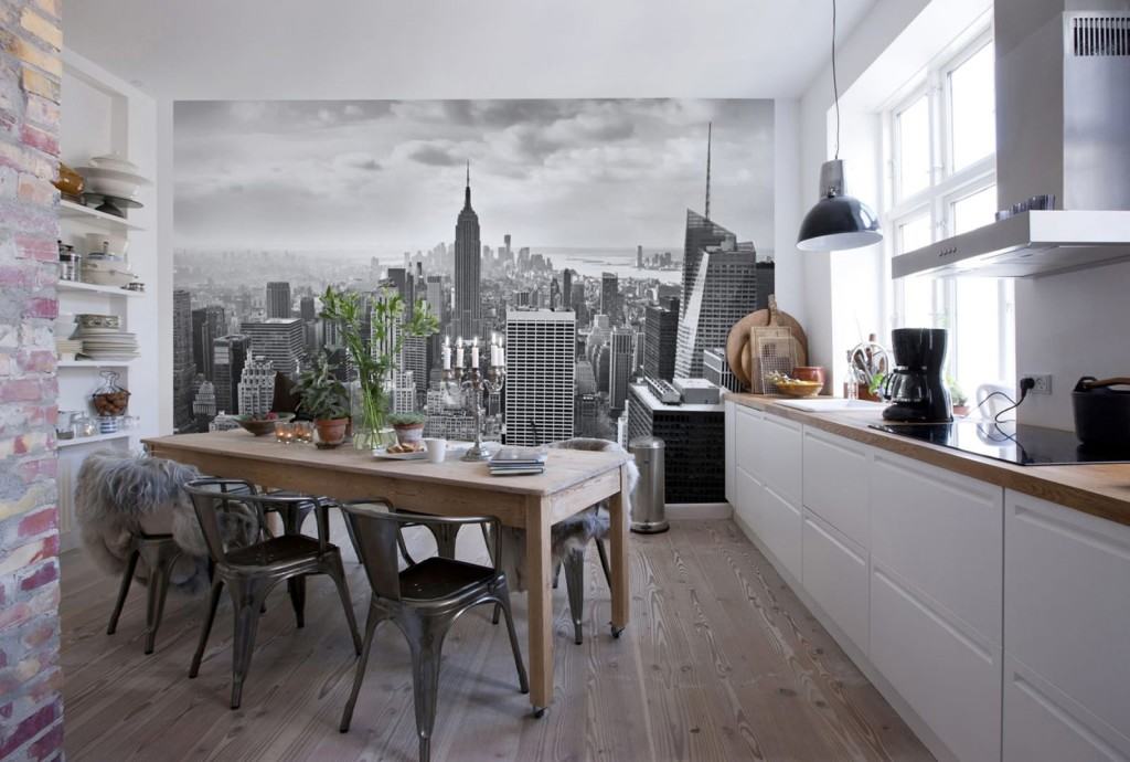 In the photo, murals with panoramic views of the modern city, in the interior of the kitchen in the loft style