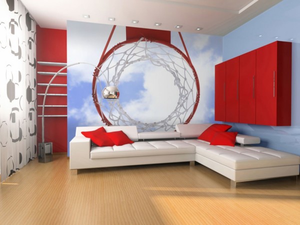 Basketball theme on the murals in the interior of a modern living room